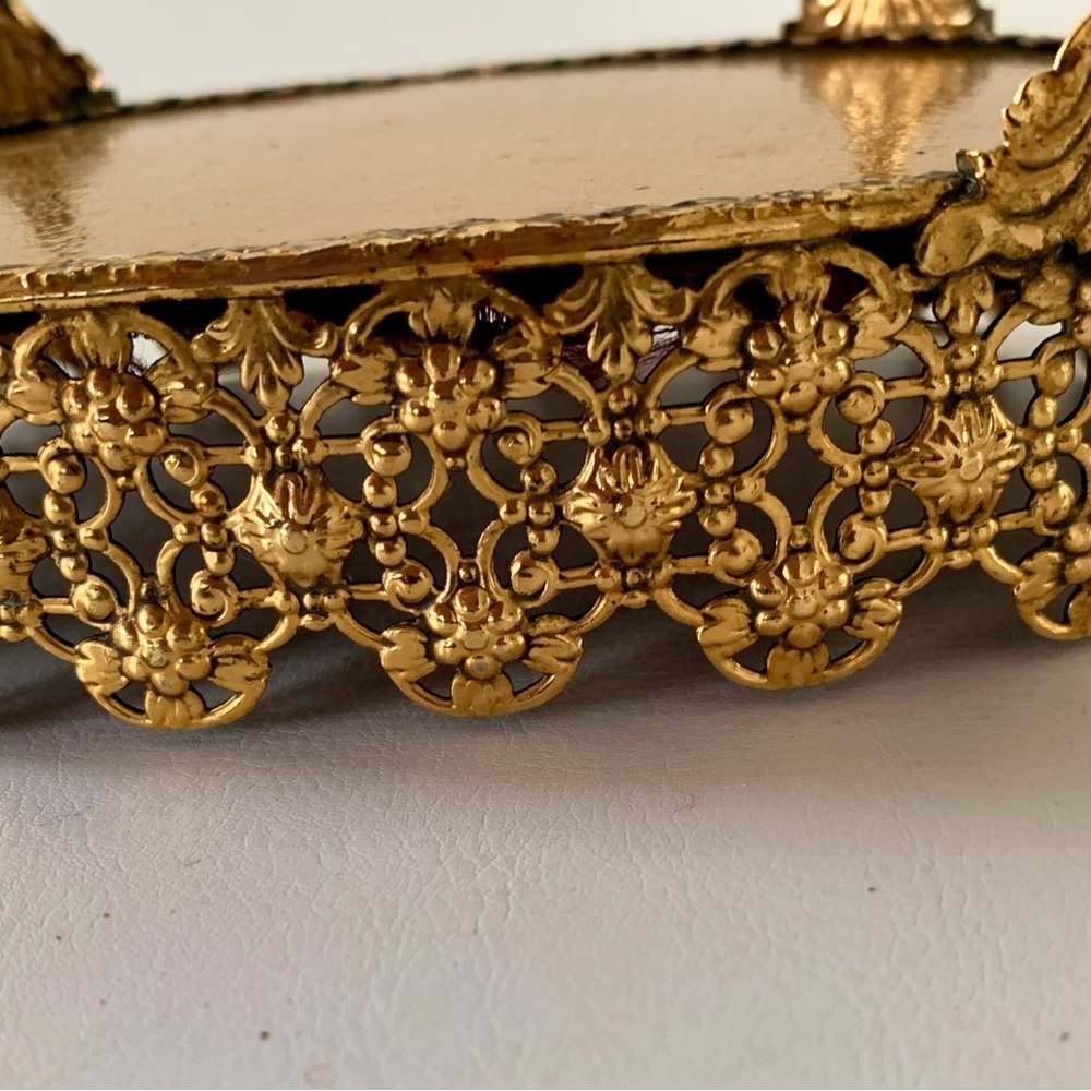 mid century vintage Ornate Gold Color Filigree Metal Stand - Picture 6 of 11